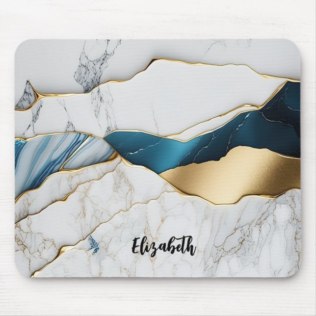 Cool White Turquoise Marble Stone Gold Mouse Pad (Front)