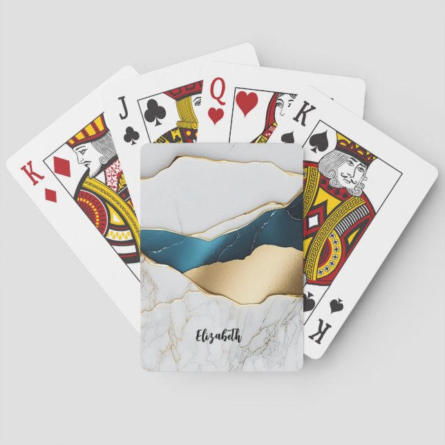 Cool White Turquoise Marble Stone Gold Playing Cards (Back)