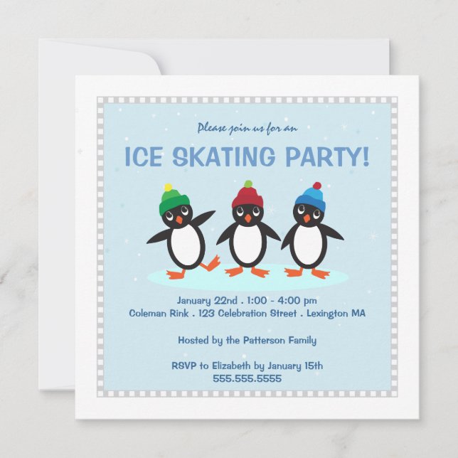 Cool Winter Penguin Ice Skating Party Invitation (Front)
