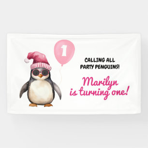 Cool Winter Pink Penguin First Birthday Girl Banner