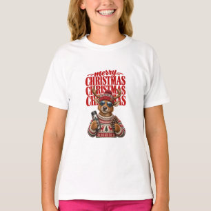Cool Winter Reindeer Merry Christmas Red Hat Sungl T-Shirt