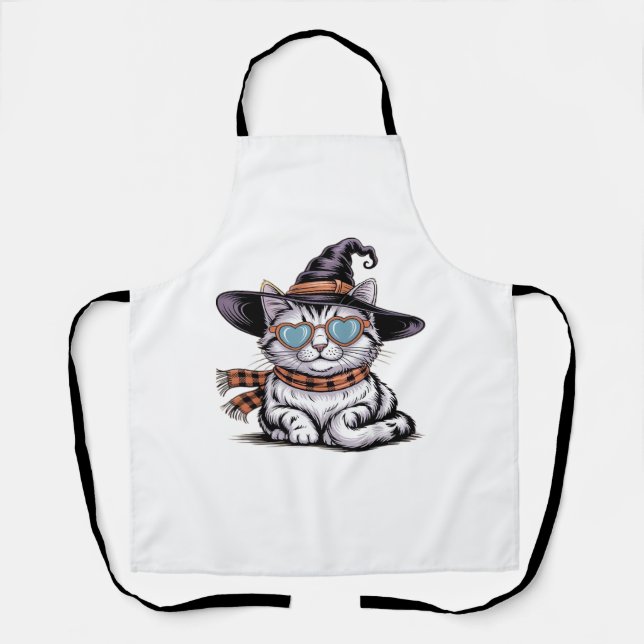 Cool Witch Cat – Cute Halloween Kitty with Heart G Apron (Front)