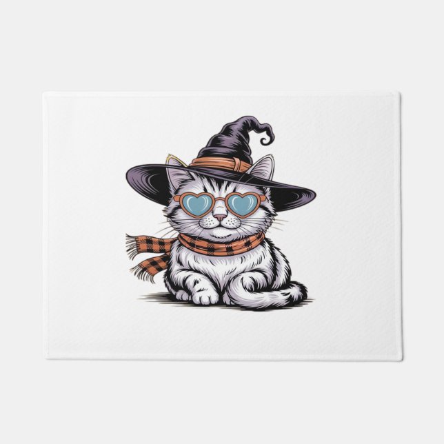 Cool Witch Cat – Cute Halloween Kitty with Heart G Doormat (Front)
