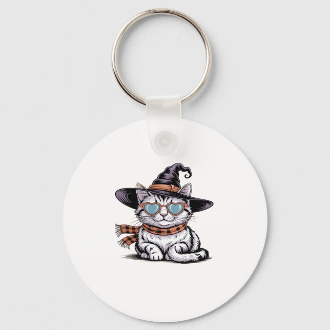 Cool Witch Cat � Cute Halloween Kitty with Heart G Keychain (Front)