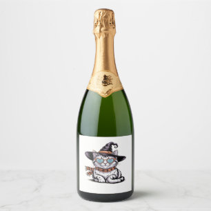Cool Witch Cat � Cute Halloween Kitty with Heart G Sparkling Wine Label
