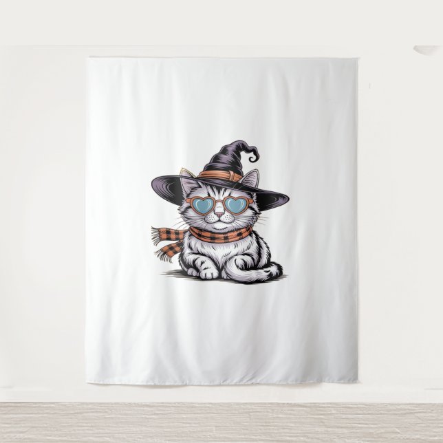 Cool Witch Cat – Cute Halloween Kitty with Heart G Tapestry (Front)