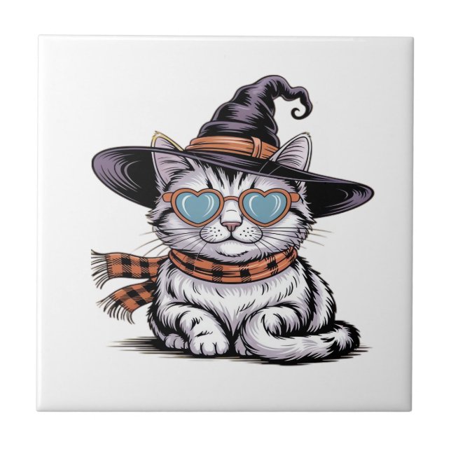 Cool Witch Cat  Cute Halloween Kitty with Heart Gl Tile (Front)