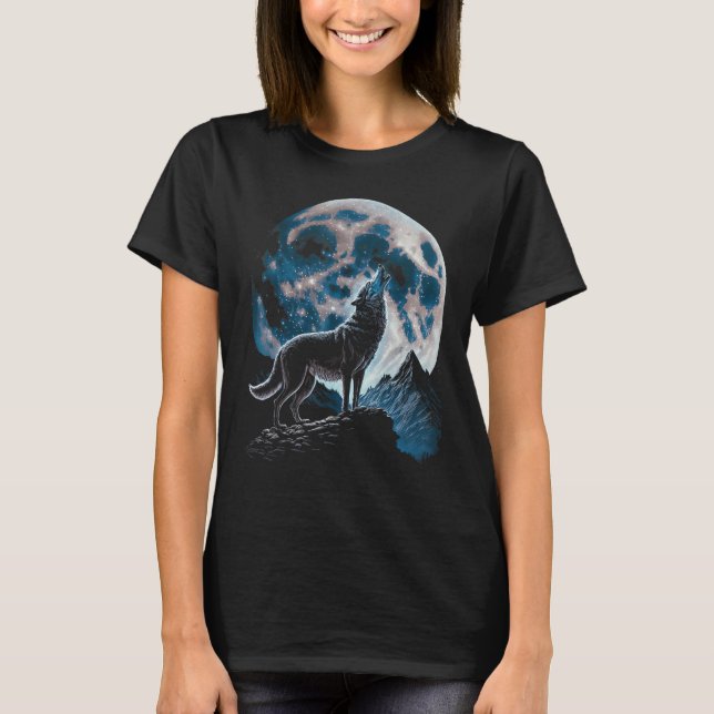 Cool Wolf Howling At The Moon - Wolf Lover T-Shirt (Front)