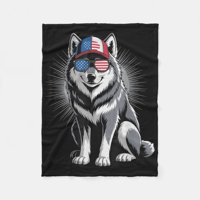 Cool Wolf Usa Flag Sungles Independence 4th Of Jul Fleece Blanket (Front)