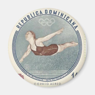 Cool Woman Swimmer Dives Stamp Retro magnet