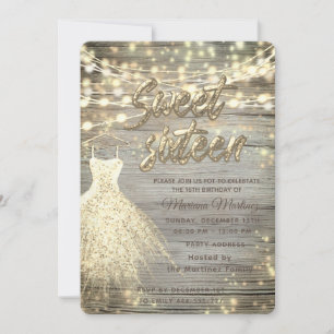Cool wood elegant String lights gold sparkle Invitation
