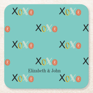 Cool "XOXO" Hearts Valentine's Day  Mint Green Square Paper Coaster