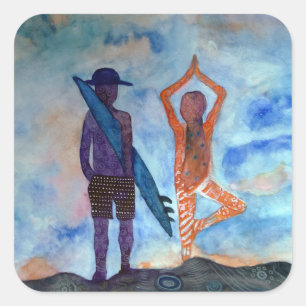 Cool yoga Surf Sunset Art Square Stickers, Glossy Sticker