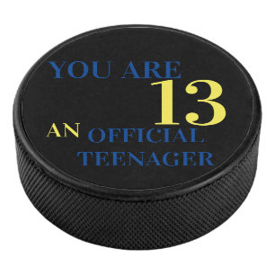 Cool You Are 13 Black Yellow Blue Birthday Hockey Puck