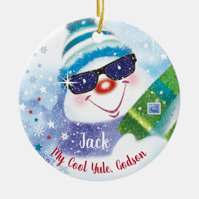 Cool Yule, Godson, Snowman in Shades, Christmas Ceramic Ornament (Front)