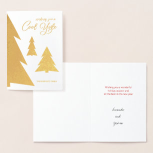 Cool Yule Modern Script Trees Holiday Gold Foil Card