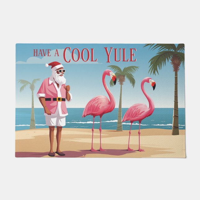 Cool Yule Santa and Flamingos Beach Christmas Doormat (Front)