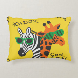 Cool zebra and giraffe wearing glasses on yellow b accent pillow