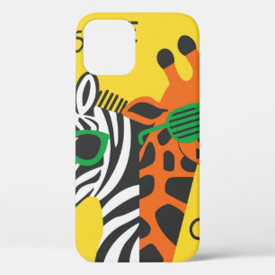 Cool zebra and giraffe wearing glasses on yellow b iPhone 12 case