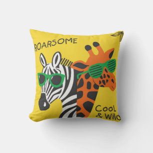 Cool zebra and giraffe wearing glasses on yellow b throw pillow