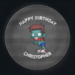 Cool Zombie Guy Seeking Brains Happy Birthday Paper Plate<br><div class="desc">Birthday paper plates with a cool looking zombie guy,  with big white vacant eyes staring blankly and sickly green skin. Wearing ripped and tattered clothing with arms outstretched looking for brains. 

Set on a charcoal grey grunge style background with faded stripes. Personalize with a name.</div>
