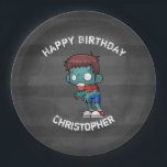 Cool Zombie Guy Seeking Brains Happy Birthday Paper Plate<br><div class="desc">Birthday paper plates with a cool looking zombie guy,  with big white vacant eyes staring blankly and sickly green skin. Wearing ripped and tattered clothing with arms outstretched looking for brains. 

Set on a charcoal grey grunge style background with faded stripes. Personalize with a name.</div>