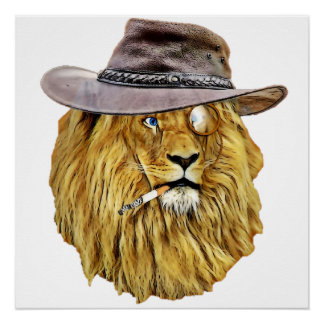 cooler lion head with hat, cigarette and monocle poster