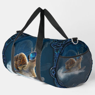 Cooler than the rest, the snowboarding snail. duffle bag