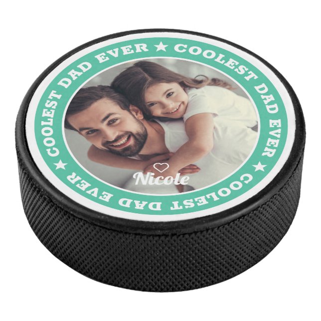 Coolest Dad Ever Modern Custom Photo Hockey Puck (3/4)