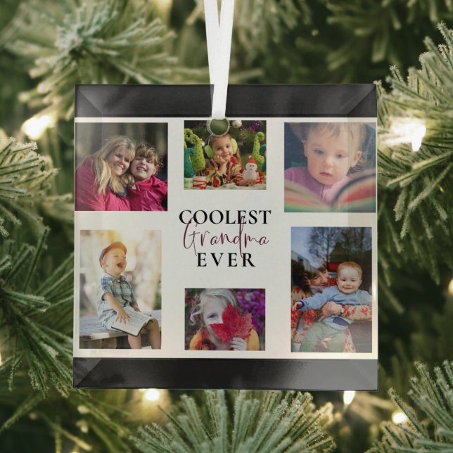 Coolest Grandma Ever Multi-Photo Collage Cute Gift Glass Ornament (Insitu)