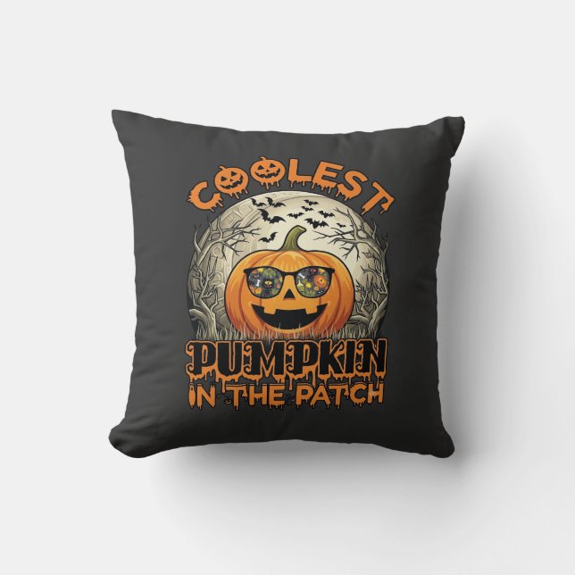Coolest Pumpkin Patch Halloween Spooky Sunglasses_ Throw Pillow (Front)