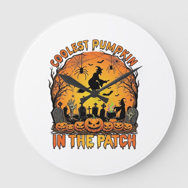 Coolest Pumpkin Patch Halloween Witch Spiders Grav Large Clock (Front)