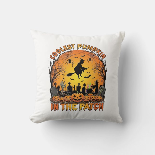 Coolest Pumpkin Patch Halloween Witch Spiders Grav Throw Pillow (Front)