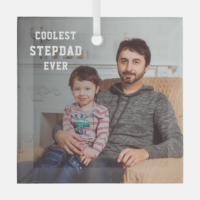 Coolest Stepdad Ever Photo Dad Personalized Glass Ornament (Front)