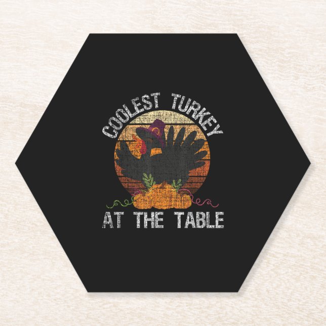 Coolest Turkey At The Table Retro Thanksgiving Fal Paper Coaster (Front)