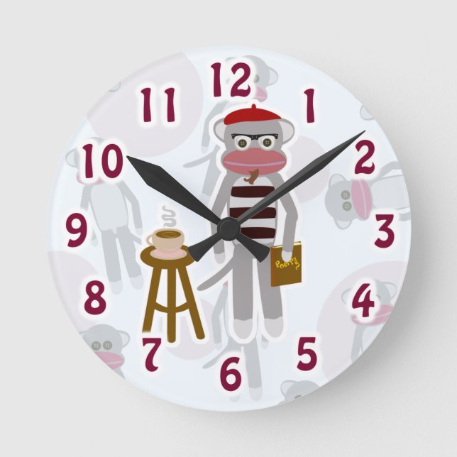 Coolsville Beatnik Sock Monkey Cute Cartoon Art Round Clock (Front)