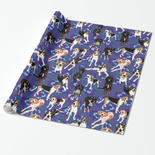 Coonhound Floral (Blue) Wrapping Paper (Unrolled)