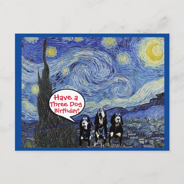 Coonhound Starry Night,3 Dog Birthday Spoof  Postcard (Front)