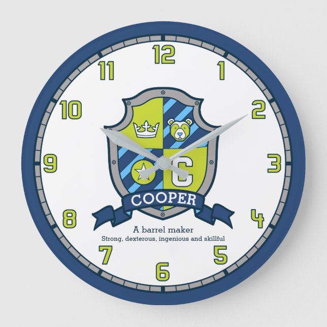 Cooper boys name meaning green blue bear shield large clock (Front)