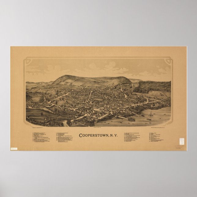 Cooperstown New York 1890 Antique Panoramic Map Poster (Front)