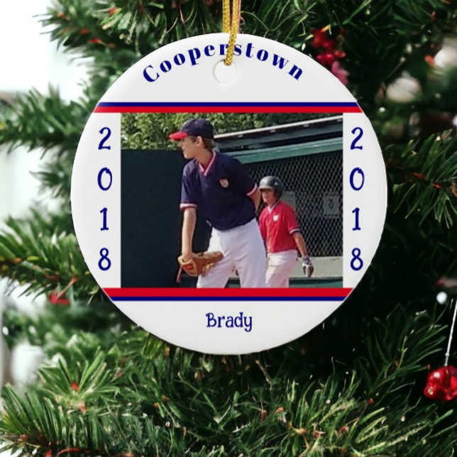 Cooperstown NY Baseball Photo Stripe Year Keepsake Ceramic Ornament (Creator Uploaded)