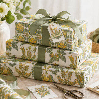 Coordinated Floral Vintage Botanical Yellow Green Wrapping Paper Sheet
