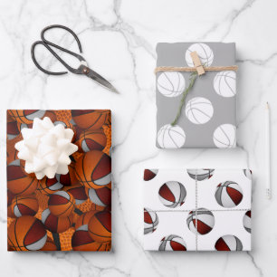 Coordinated sports gifting maroon grey basketball wrapping paper sheet