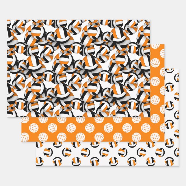 coordinating set black orange volleyballs patterns wrapping paper sheet (Set)