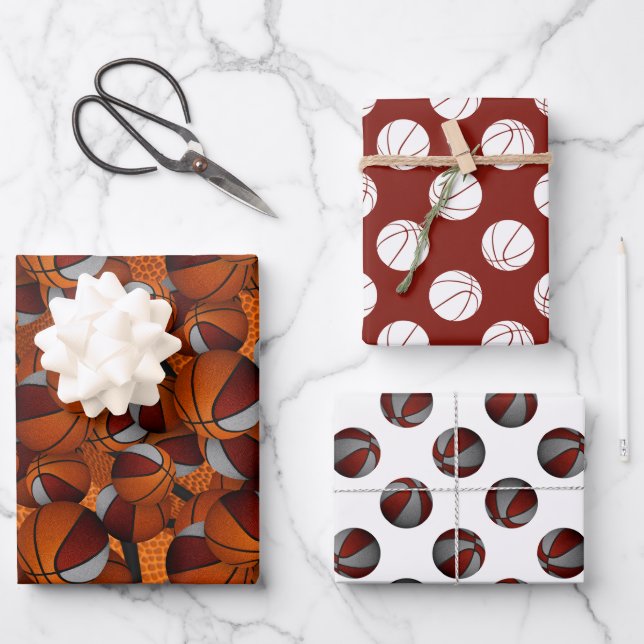 coordinating set maroon grey basketball patterns wrapping paper sheet (Front)
