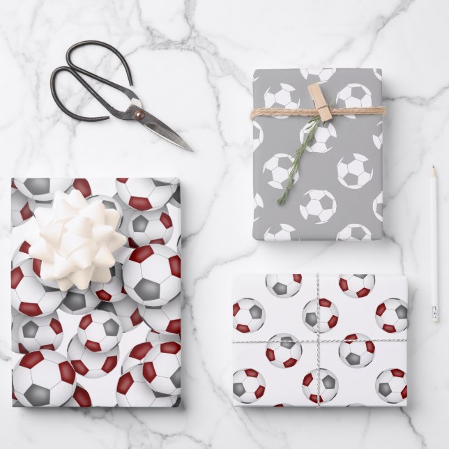 coordinating sports set maroon grey soccer balls wrapping paper sheet (Front)