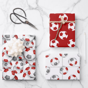 coordinating sports set red grey soccer balls wrapping paper sheet