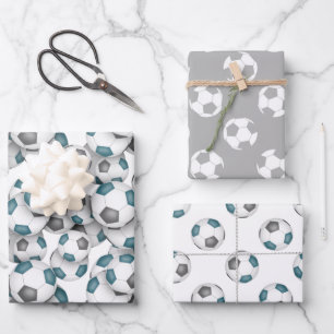 coordinating sports set teal gray soccer balls wrapping paper sheet