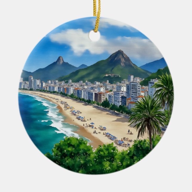 Copacabana Beach Rio Brazil Watercolor Ceramic Ornament (Front)