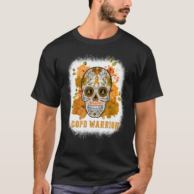 COPD Awareness Sugar Flower Skull Orange Ribbon Bl T-Shirt (Front)